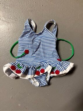 Florence Eiseman Blue & White Striped Swimsuit with Red Cherry Accents